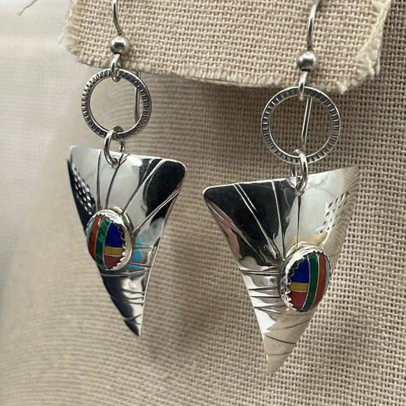 90's Handmade Sterling Silver Sail-Inspired Earrings with Multicolored Inlay - Picture 12 of 17